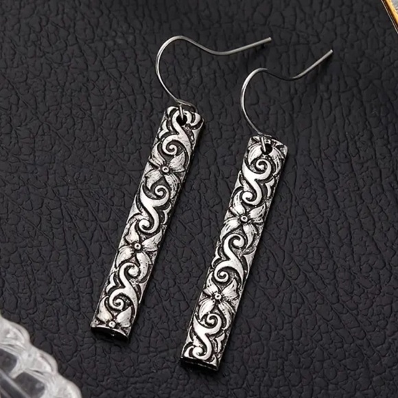 Silver Boho Floral Engraved Drop Earrings - Picture 3 of 4